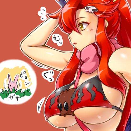 hairu, boota (ttgl), yoko littner, tengen toppa gurren lagann, lowres, 00s, 1girl, between breasts, bikini, bikini top only, breasts, female focus, large breasts, red hair, scarf, solo, striped clothes, striped scarf, swimsuit, underboob, yellow eyes