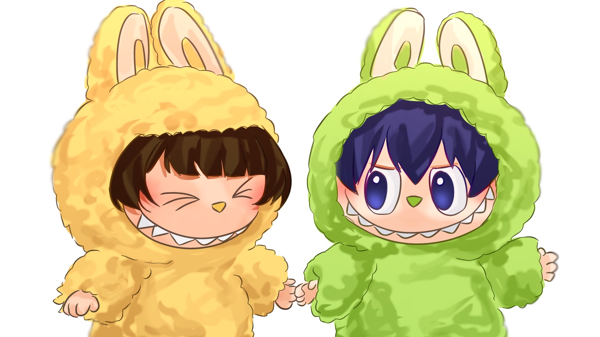 bachira meguru, isagi yoichi, labubu, blue lock, commentary, english commentary, highres, 2boys, black hair, blue eyes, blue hair, closed eyes, cosplay, hair between eyes, labubu (cosplay), looking at another, male focus, multiple boys, sharp teeth, short hair, simple background, smile, soumycin, teeth, upper body, white background