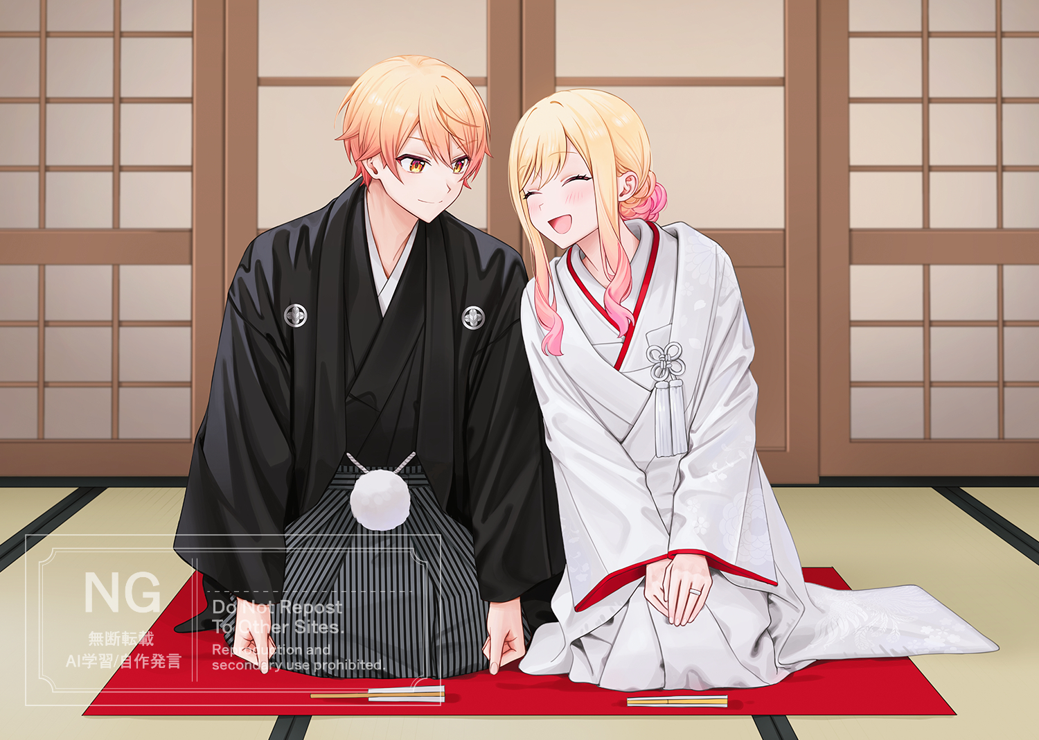 2 (tsvf3235), tenma saki, tenma tsukasa, project sekai, commentary, symbol-only commentary, 1boy, 1girl, :d, ^ ^, arms at sides, black kimono, blonde hair, blush, brother and sister, closed eyes, closed mouth, curly sidelocks, double-parted bangs, face-to-face, facing another, full body, gradient hair, hair behind ear, hair between eyes, indoors, japanese clothes, jewelry, kimono, long hair, long sleeves, looking at another, multicolored hair, open mouth, orange eyes, orange hair, own hands together, pink hair, ring, short hair, siblings, sitting, smile, tongue, two-tone hair, v arms, watermark, white kimono, wide sleeves