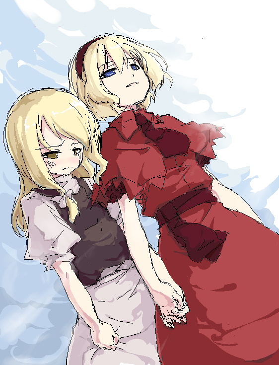 sakuraba yuuki, alice margatroid, kirisame marisa, touhou, 2girls, alternate color, dress, female focus, holding hands, multiple girls, player 2