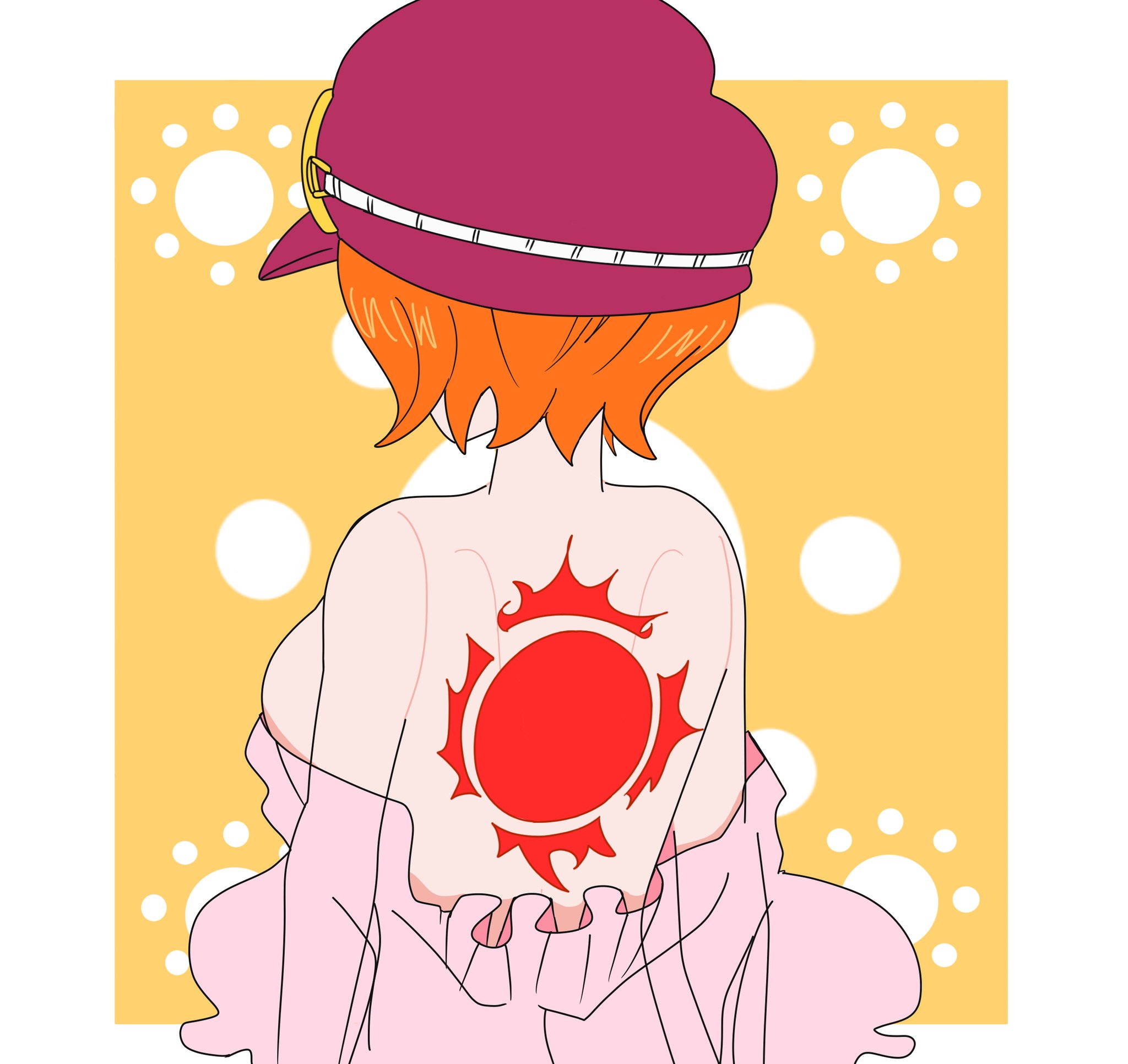koala (one piece), one piece, 1girl, back, back tattoo, backboob, breasts, frilled shirt, frills, goggles, goggles on headwear, hat, julgi212, orange hair, pink shirt, removing shirt, shirt, short hair, solo, tattoo