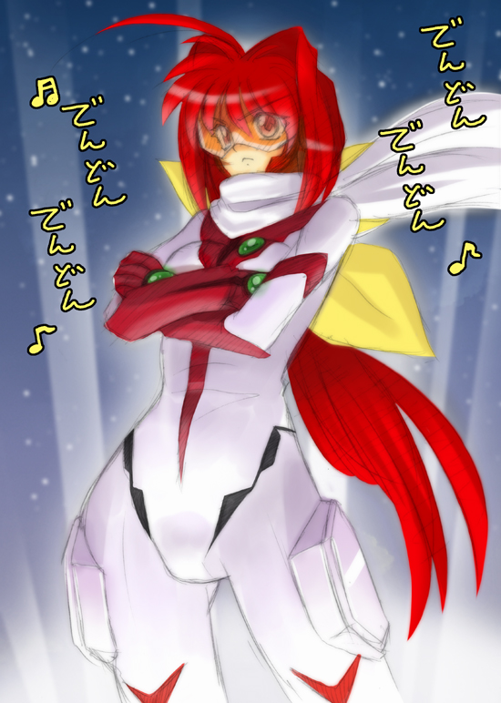 buster machine 7, kagami sumika, nono (top wo nerae 2!), muv-luv, top wo nerae! (series), top wo nerae 2!, 1girl, bodysuit, bow, crossed arms, female focus, hair bow, parody, red eyes, red hair, scarf, solo