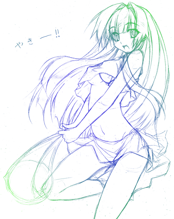 luna lia, seto sun, seto no hanayome, graphite (medium), traditional media, 00s, 1girl, breasts, female focus, monochrome, sketch, solo, underboob, upshirt