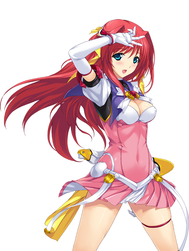 onigirikun, escalayer, kouenji sayuka, choukou (alicesoft), choukou tenshi escalayer, game cg, non-web source, official art, variant set, 1girl, :d, aqua eyes, arm behind back, arm up, blue eyes, blush, boots, breasts, brooch, chest jewel, cleavage, cleavage cutout, clothing cutout, covered navel, cowboy shot, dress, elbow gloves, gloves, hair intakes, hair ribbon, heart, holding, jewelry, knee boots, legs apart, long hair, looking at viewer, magical girl, medium breasts, open mouth, pink dress, puffy sleeves, red hair, ribbon, short dress, short sleeves, skirt, smile, solo, standing, thigh strap, transparent background, turtleneck, v, weapon, white gloves, yellow ribbon