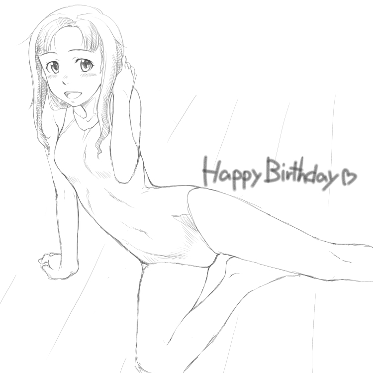 sakura kotetsu, kawada tomoko, kimi kiss, 1girl, adjusting hair, arm support, breasts, competition swimsuit, female focus, greyscale, happy birthday, heart, monochrome, navel, one-piece swimsuit, open mouth, reclining, sketch, small breasts, smile, solo, swimsuit
