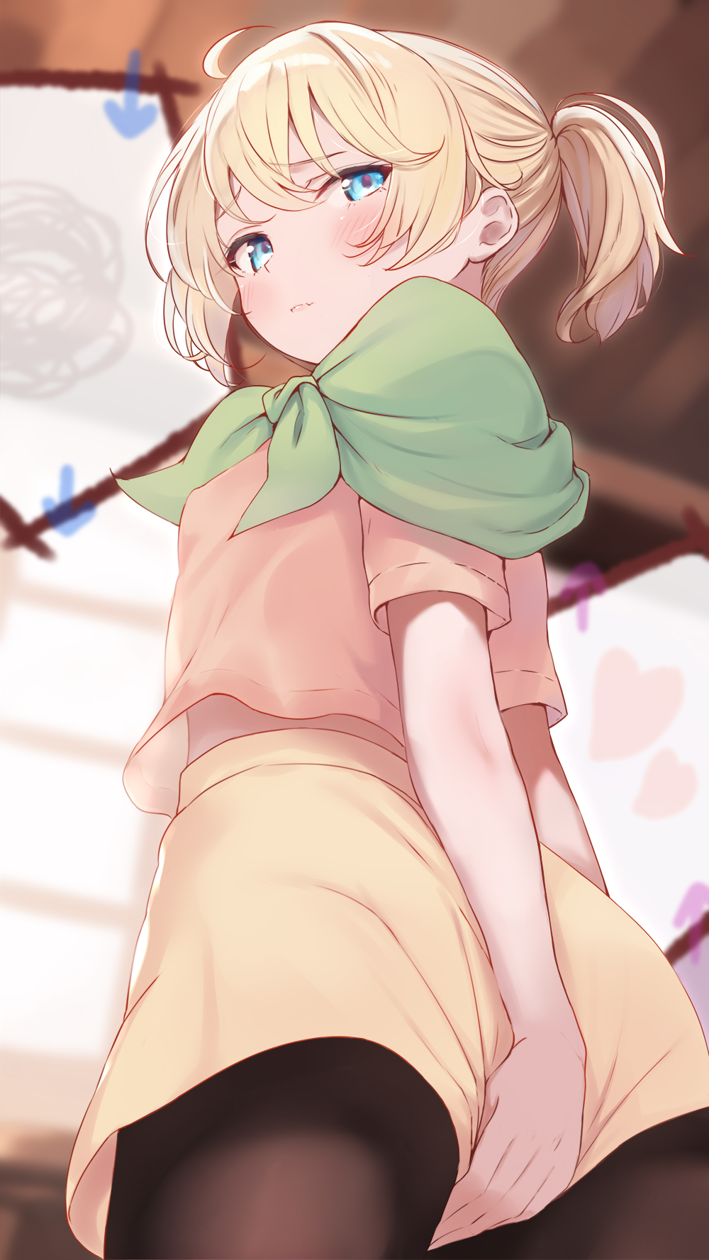 komone ushio, esia mariveninne (komone ushio), original, highres, 1girl, ahoge, black pantyhose, blonde hair, blue eyes, capelet, from below, green capelet, looking back, pantyhose, pink shirt, ponytail, shirt, short sleeves, skirt, skirt tug, solo, standing, yellow skirt