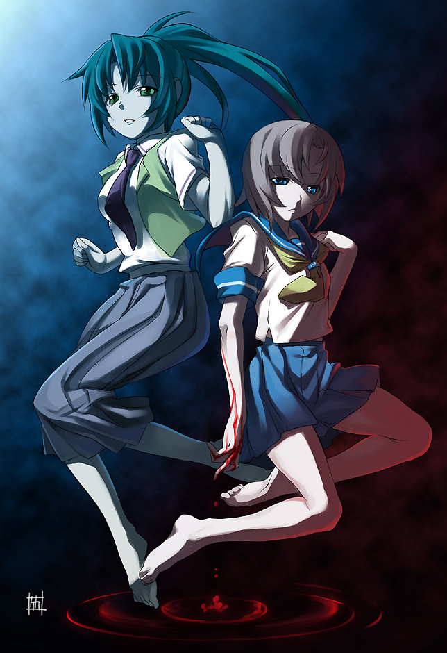 chikugen shiina, ryuuguu rena, sonozaki mion, higurashi no naku koro ni, 00s, 2girls, barefoot, bleeding, blood, blue hair, green hair, long hair, long skirt, multiple girls, necktie, pleated skirt, ponytail, pool of blood, school uniform, serafuku, short hair, skirt, very long hair, vest
