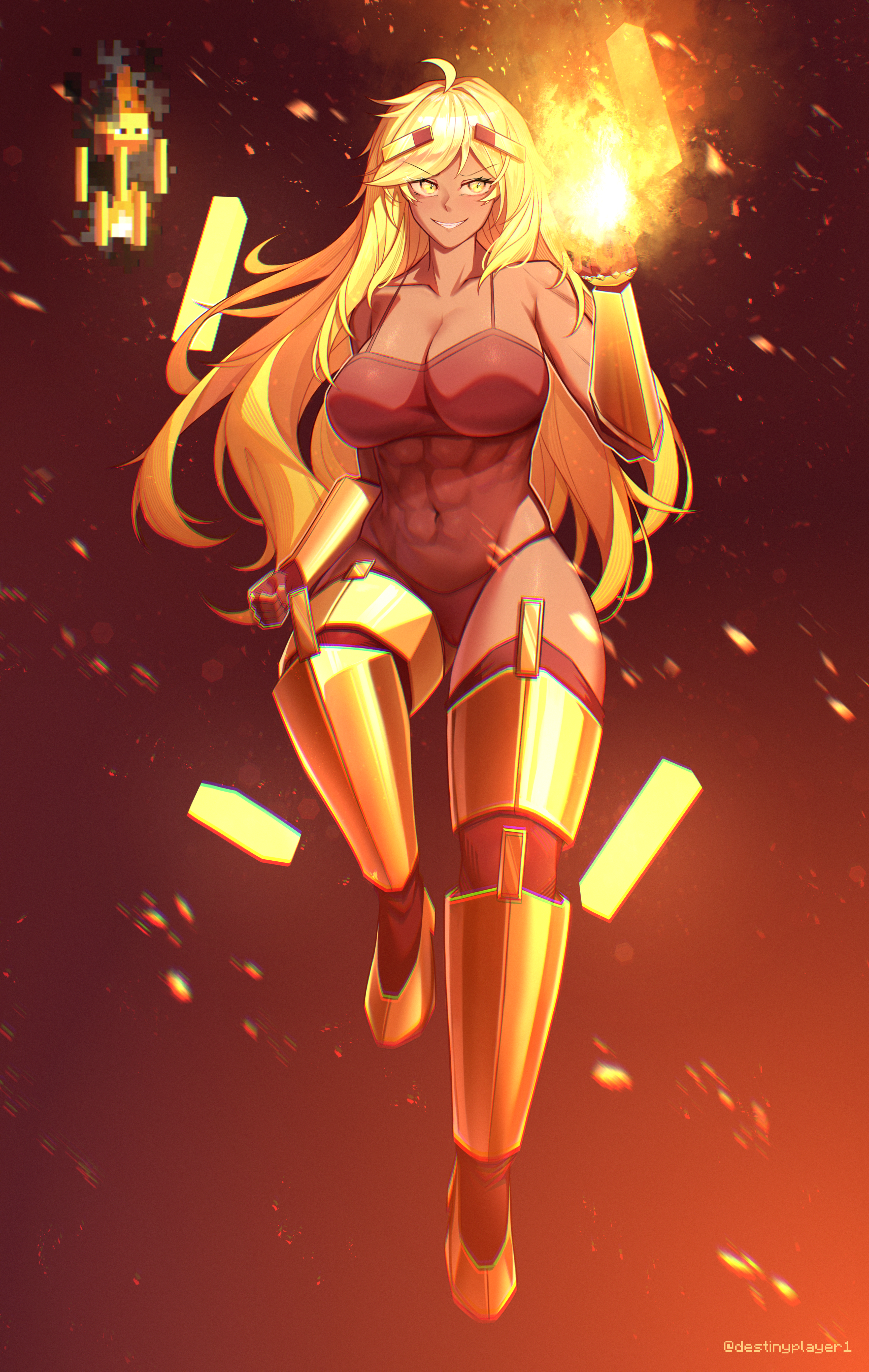 destinyplayer1, blaze (minecraft), minecraft, mob talker, absurdres, highres, 1girl, bare shoulders, blaze (at2.), blaze rod, blonde hair, bra, breasts, cleavage, collarbone, dark-skinned female, dark skin, hair ornament, large breasts, long hair, looking at viewer, panties, personification, smile, solo, the nether (minecraft), thighhighs, underwear, yellow eyes