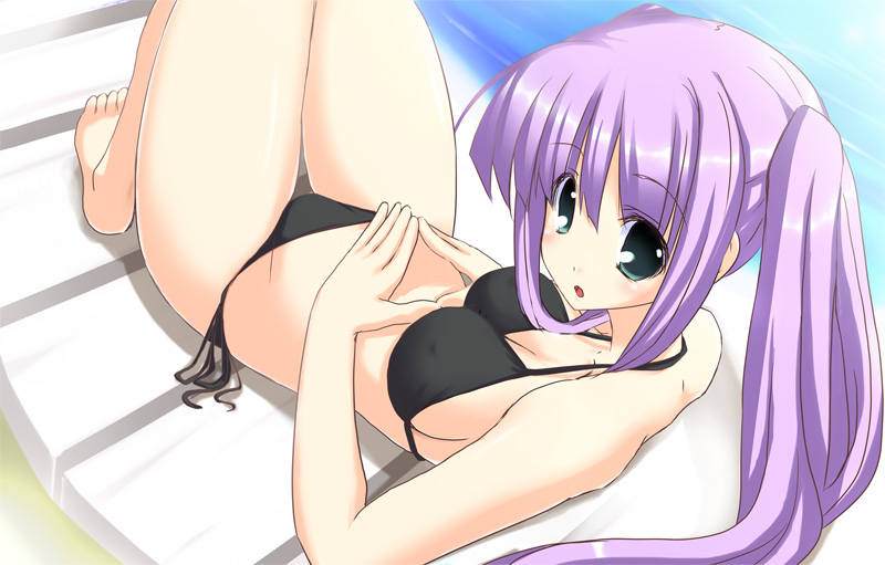 kaneru, original, 1girl, barefoot, bikini, black bikini, blue eyes, breasts, chair, cleavage, female focus, looking back, lounge chair, purple hair, side-tie bikini bottom, sideboob, solo, swimsuit, thigh gap, twintails