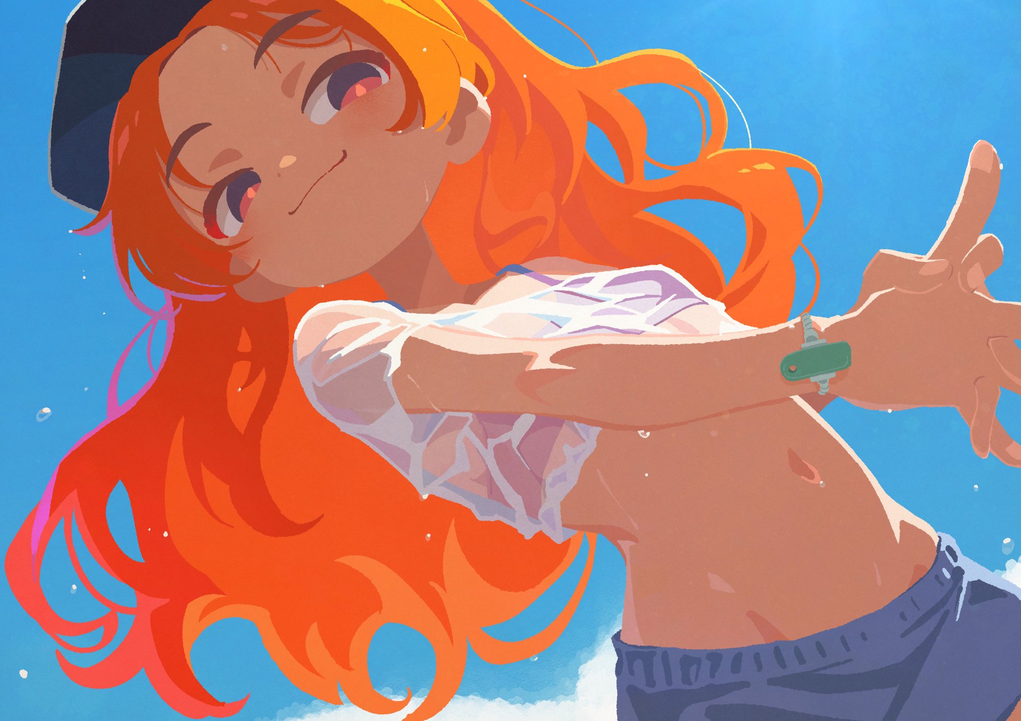 takarai shunsuke, original, commentary, highres, 1girl, blue sky, breasts, crop top, long hair, looking at viewer, navel, orange eyes, orange hair, sky, small breasts, smile, solo, sweat