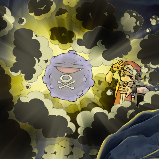 natsunagi takaki, koffing, red (pokemon), nintendo, pokemon, pokemon frlg, artist request, check artist, official art, second-party source, = =, backpack, bag, baseball cap, brown hair, closed eyes, fangs, flash (pokemon), gas, gen 1 pokemon, glowing, hand up, hat, jacket, open mouth, pokemon (creature), pokemon move, red hat, red jacket, short hair, skull and crossbones, smile, sweatdrop, v-shaped eyebrows, vs seeker