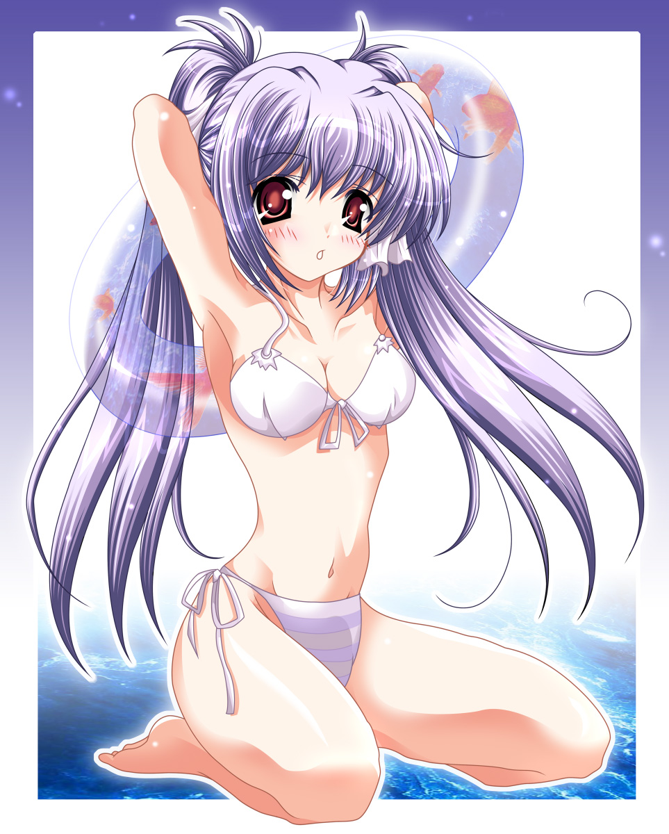kohakugin, highres, 1girl, bikini, female focus, innertube, side-tie bikini bottom, solo, striped bikini, striped clothes, swim ring, swimsuit, white bikini