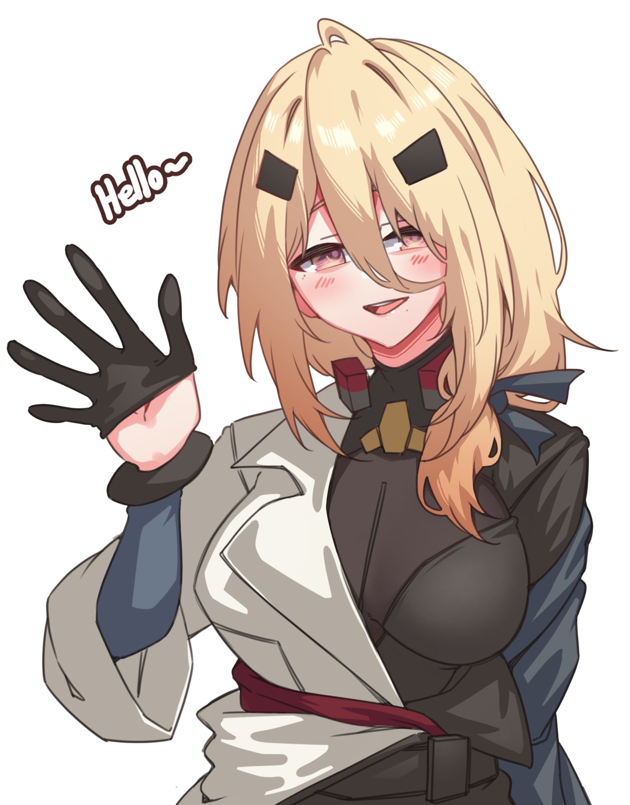 act (xadachit), andoris (girls' frontline 2), girls' frontline, girls' frontline 2: exilium, commentary, english commentary, highres, 1girl, black gloves, blonde hair, breasts, gloves, hair between eyes, half gloves, large breasts, long hair, open mouth, simple background, solo, upper body, waving, white background, yellow eyes