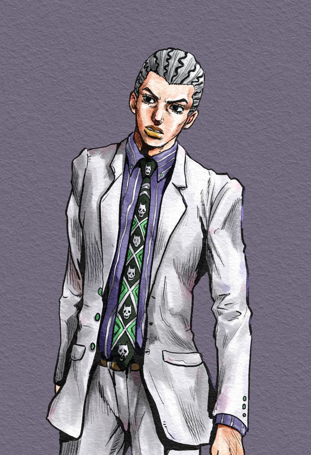 kaib0y, kawajiri kosaku, kira yoshikage, diamond wa kudakenai, jojo no kimyou na bouken, commentary request, highres, 1boy, araki hirohiko (style), black eyes, black hair, black necktie, brown lips, collared shirt, grey background, grey hair, hatching (texture), jacket, long sleeves, male focus, necktie, pants, purple shirt, shirt, solo, striped hair, suit jacket, white jacket, white pants