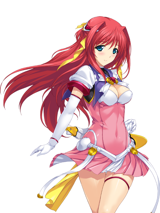 onigirikun, escalayer, kouenji sayuka, choukou (alicesoft), choukou tenshi escalayer, game cg, non-web source, official art, variant set, 1girl, blue eyes, blush, breasts, chest jewel, cleavage, closed mouth, covered navel, cowboy shot, dress, elbow gloves, floating hair, gloves, hair intakes, hair ornament, hair ribbon, light smile, long hair, looking at viewer, magical girl, medium breasts, pink dress, pleated dress, puffy sleeves, red hair, ribbon, sheath, short dress, short sleeves, smile, solo, standing, thigh gap, thigh strap, transparent background, weapon, white gloves, yellow ribbon