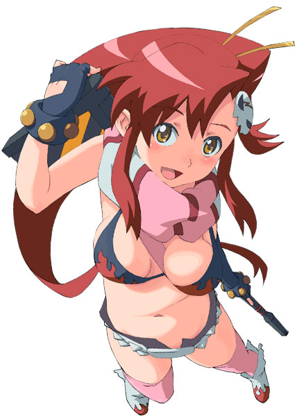 kamiya ron, yoko littner, tengen toppa gurren lagann, 00s, anti-materiel rifle, bikini, bikini top only, from above, full body, gun, navel, pink thighhighs, red hair, rifle, simple background, sniper rifle, solo, swimsuit, thighhighs, weapon, white background