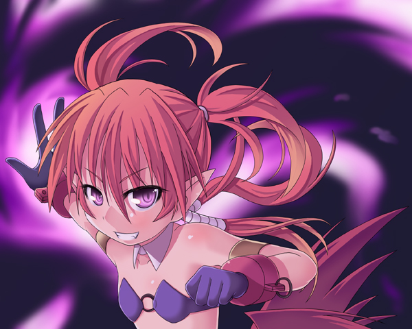 aiai, agito, agito (nanoha), lyrical nanoha, mahou shoujo lyrical nanoha, mahou shoujo lyrical nanoha strikers, 00s, 1girl, bare shoulders, chain, clenched hand, clenched teeth, collar, collarbone, detached collar, female focus, gloves, grin, hair between eyes, looking at viewer, o-ring, o-ring top, outstretched arm, purple eyes, purple gloves, red hair, smile, solo, teeth, twintails, upper body, wrist cuffs