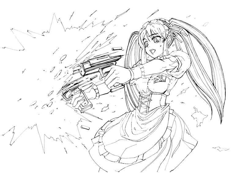 morisoban, asahina mikuru, suzumiya haruhi no yuuutsu, 00s, 1girl, casing ejection, dual wielding, female focus, firing, greyscale, gun, handgun, holding, monochrome, muzzle flash, pistol, shell casing, solo, waitress, weapon