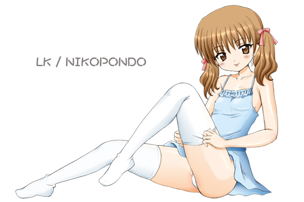 aoyama reo, original, 1girl, :p, bare arms, bare shoulders, blue dress, bow, breasts, brown eyes, brown hair, closed mouth, collarbone, dress, female focus, full body, hair bow, leg up, long hair, looking at viewer, no shoes, panties, pantyshot, pink bow, shiny skin, short dress, sitting, sleeveless, sleeveless dress, small breasts, smile, solo, sundress, thighhighs, tongue, tongue out, twintails, underwear, undressing, white panties, white thighhighs