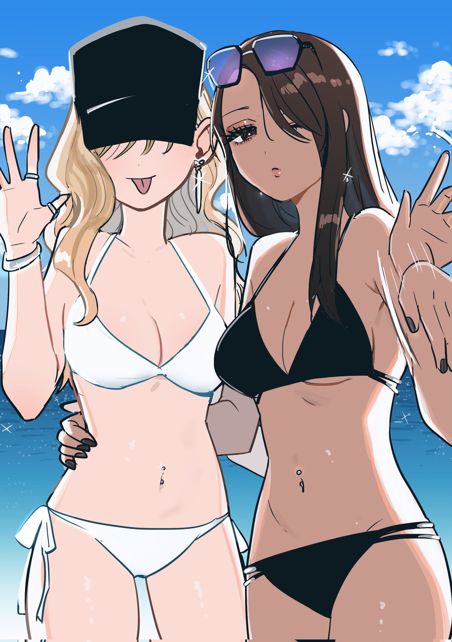 inoue koharu, original, commentary request, highres, 2girls, baseball cap, bikini, black-framed eyewear, black bikini, black hat, black nails, blonde hair, blue sky, breasts, brown eyes, brown hair, cleavage, cowboy shot, dark-skinned female, dark skin, earrings, eyewear on head, glint, hand on another's waist, hand up, hat, jewelry, long hair, medium breasts, multiple girls, navel, navel piercing, ocean, one eye closed, piercing, side-tie bikini bottom, sky, sunglasses, swimsuit, taooka yua, tongue, tongue out, watase reina, waving, white bikini