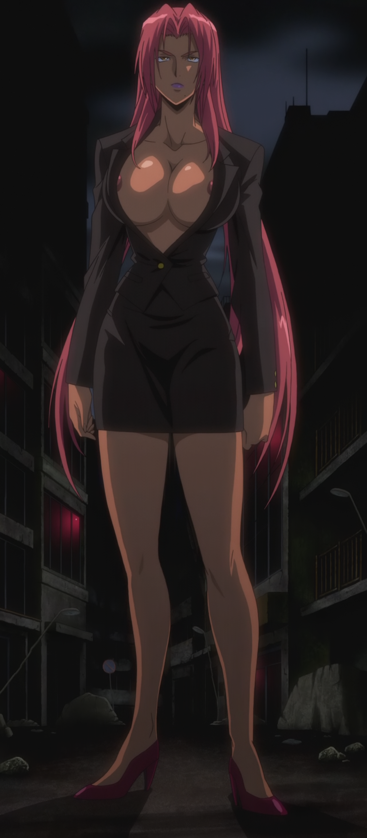 ingrid (taimanin asagi), taimanin (series), taimanin murasaki, anime screenshot, highres, official art, stitched, third-party edit, 1girl, areola slip, breasts, business suit, city, cleavage, dark-skinned female, dark skin, female focus, formal clothes, high heels, jacket, large breasts, night, nipples, no bra, pink hair, skirt, solo, suit