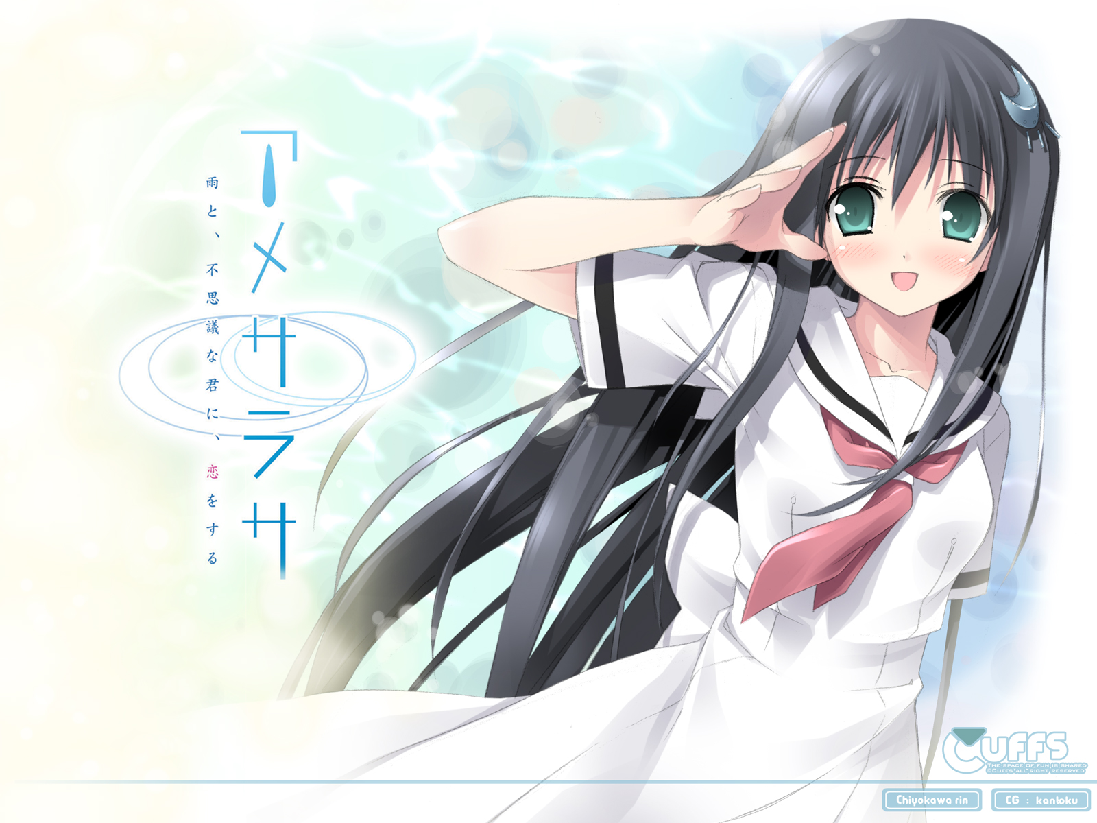 kantoku, chiyokawa rin, amesarasa, highres, black hair, dress, hair ornament, hairclip, sailor dress, school uniform, serafuku, solo