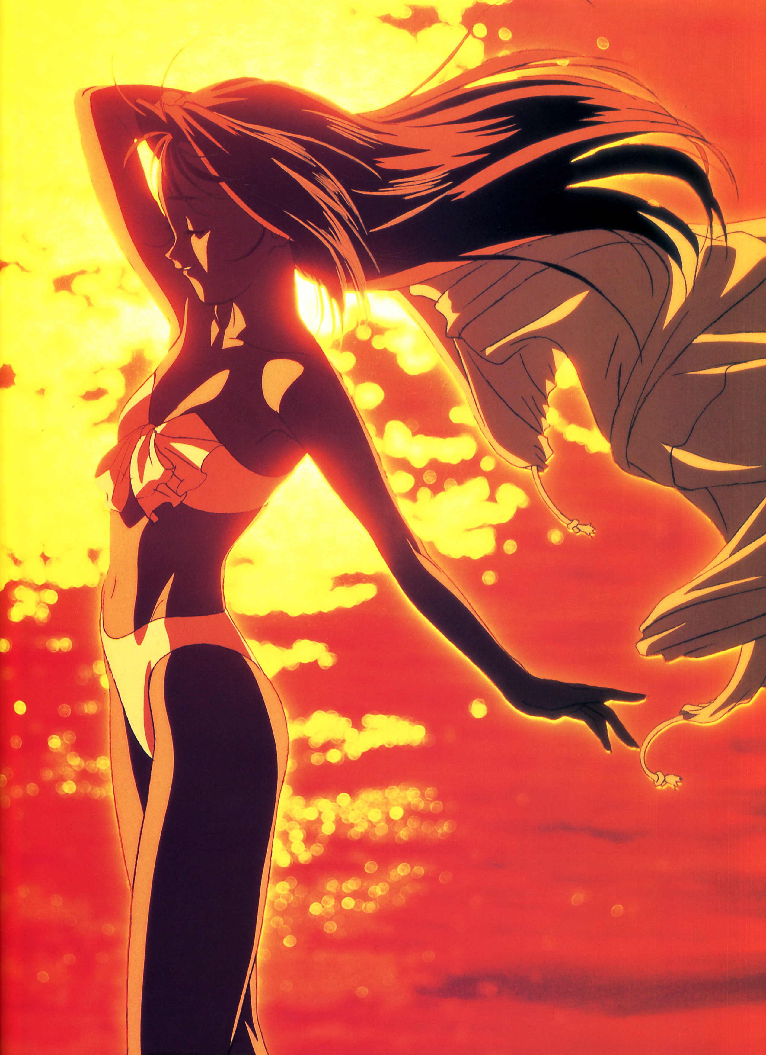katsura ken'ichirou, mylene jenius, macross, macross 7, absurdres, highres, 1990s (style), 1girl, antenna hair, bikini, closed eyes, cowboy shot, female focus, flat chest, from side, front-tie bikini top, front-tie top, hair intakes, holding, holding jacket, holding unworn clothes, jacket, long legs, orange theme, profile, retro artstyle, solo, standing, sunset, swimsuit, unworn jacket, water, wind