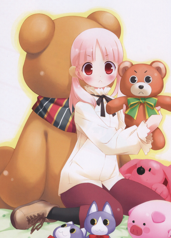gayarou, kiriyama sakura, sakura musubi, 1girl, :<, :3, blush, female focus, pantyhose, pink hair, red eyes, sitting, solo, stuffed animal, stuffed toy, teddy bear, twintails