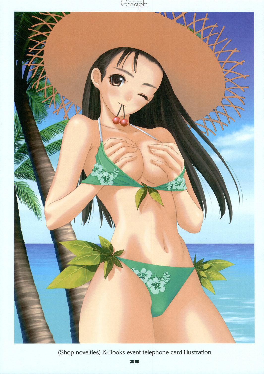 tony taka, highres, 1girl, beach, bikini, black hair, breasts, brown eyes, covering breasts, covering privates, day, female focus, grabbing another's breast, green bikini, groping, hat, medium breasts, mouth hold, one eye closed, palm tree, solo, straw hat, swimsuit, tree, wink