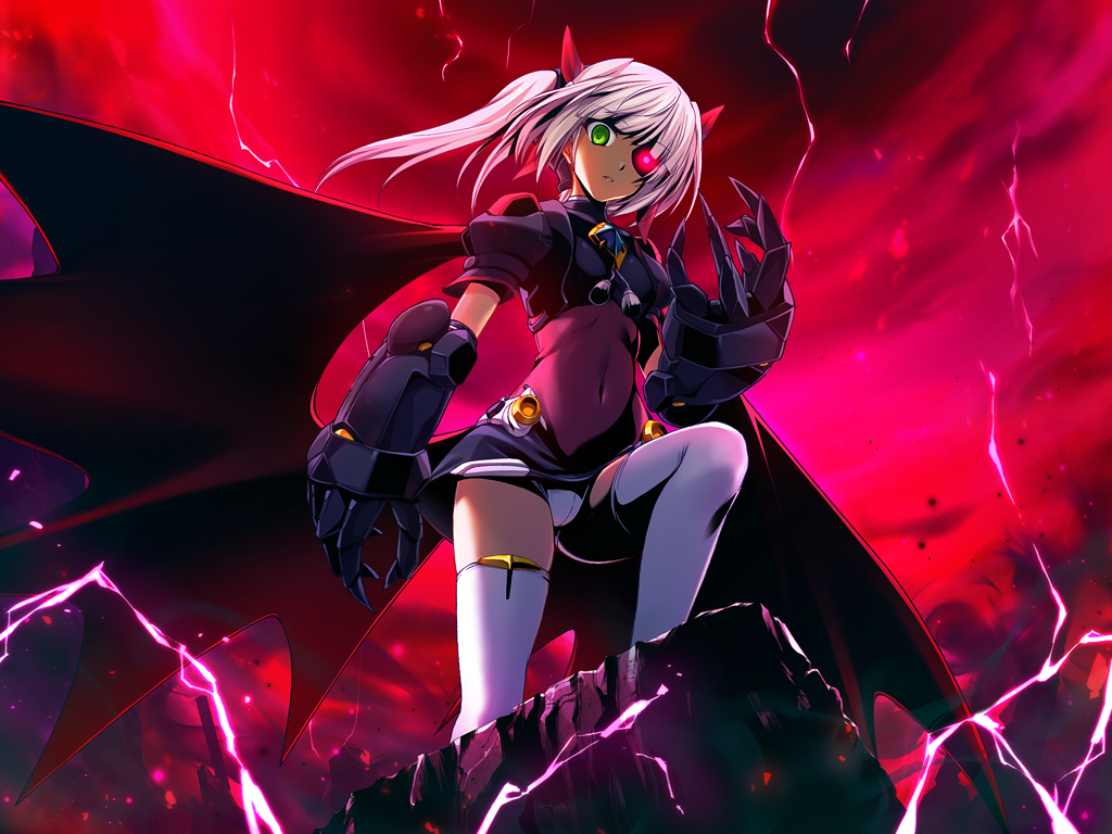 onigirikun, fm77 (escalayer), choukou (alicesoft), choukou tenshi escalayer, game cg, non-web source, official art, 1girl, bat wings, claws, cloud, covered navel, dark skin, electricity, eyepatch, gauntlets, glowing, glowing eye, green eyes, hair ribbon, leotard, lightning, long hair, looking at viewer, magical girl, mecha musume, miniskirt, panties, pantyshot, red sky, ribbon, short sleeves, skirt, sky, solo, thighhighs, twintails, underwear, white hair, white panties, white thighhighs, wings