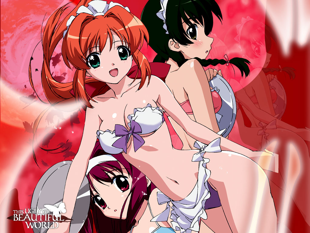 takamura kazuhiro, akari (kono minikuku), akari (kono minikuku mo utsukushii sekai), akari (konomini), hikari (kono minikuku), hikari (kono minikuku mo utsukushii sekai), hikari (konomini), nishino mari, kono minikuku mo utsukushii sekai, third-party edit, 3girls, :d, :o, apron, bikini, black hair, blush, bow, braid, breasts, copyright name, female focus, frilled bikini, frills, green eyes, hairband, long hair, looking at viewer, maid headdress, multiple girls, open mouth, orange hair, purple eyes, purple hair, sidelocks, smile, swimsuit, tray, waist apron, waitress, zoom layer
