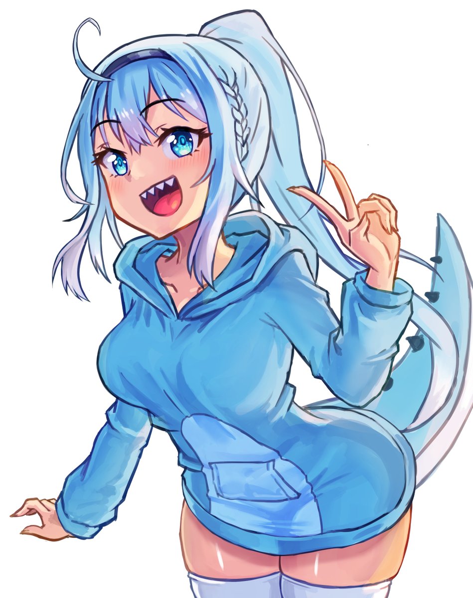 indie virtual youtuber, artist request, highres, non-web source, source request, 1girl, ahoge, blue eyes, blue hair, braid, breasts, collarbone, dinosaur girl, dinosaur tail, hood, hoodie, large breasts, open mouth, ponytail, sharp teeth, skiddosaurus rex, solo, tail, teeth, thick thighs, thighhighs, thighs, v, white background, white thighhighs