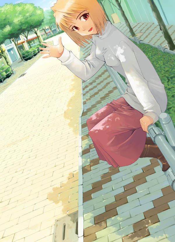 iuro, arcueid brunestud, tsukihime, black legwear, 00s, 1girl, blonde hair, female focus, long skirt, purple skirt, red eyes, short hair, sitting, skirt, smile, solo, sweater, turtleneck