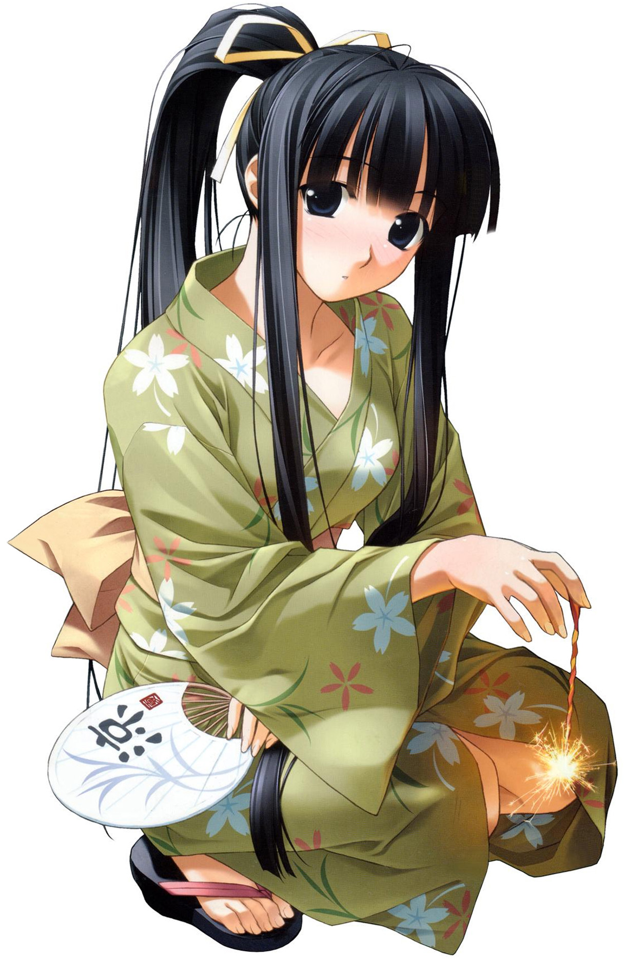 hashimoto takashi, highres, 1girl, black eyes, black hair, blush, female focus, fireworks, floral print, floral print kimono, full body, hair ribbon, hand fan, holding, holding fan, japanese clothes, kimono, paper fan, ponytail, print kimono, ribbon, sandals, senkou hanabi, simple background, solo, sparkler, squatting, uchiwa, yukata, zouri