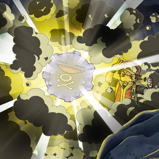 natsunagi takaki, koffing, red (pokemon), nintendo, pokemon, pokemon frlg, artist request, check artist, official art, second-party source, = =, backpack, bag, baseball cap, brown hair, closed eyes, fangs, flash (pokemon), gas, gen 1 pokemon, glowing, hand up, hat, jacket, open mouth, pokemon (creature), pokemon move, red hat, red jacket, short hair, skull and crossbones, smile, sweatdrop, v-shaped eyebrows, vs seeker