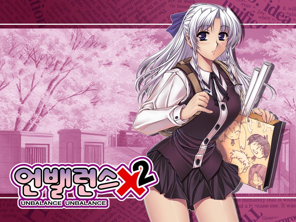 soo-hyon lee, eun ami, unbalance unbalance, unbalance x unbalance, silver hair, 1girl, backpack, bag, blue eyes, blush, braid, female focus, korean text, long hair, randoseru, school uniform, serafuku, skirt, solo, twin braids, vest