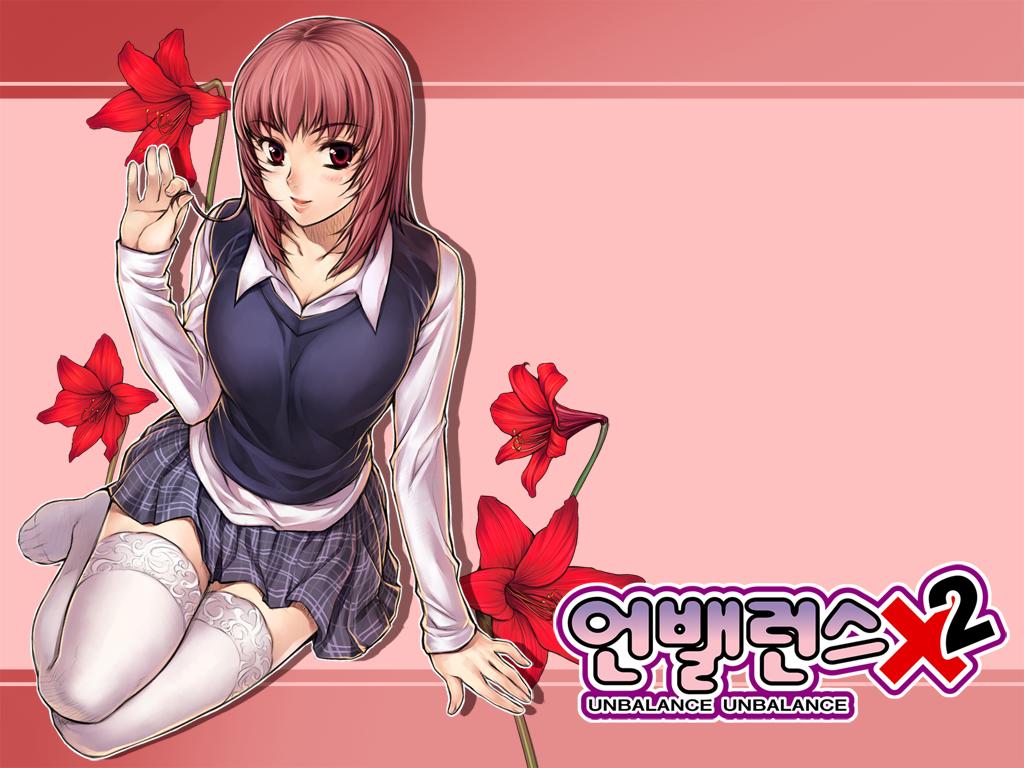 soo-hyon lee, park jae-kyung, unbalance unbalance, unbalance x unbalance, lace-trimmed legwear, 1girl, female focus, flower, korean text, lace, lace trim, pink eyes, pink hair, school uniform, serafuku, short hair, sitting, skirt, smile, solo, sweater vest, thighhighs, white thighhighs, zettai ryouiki