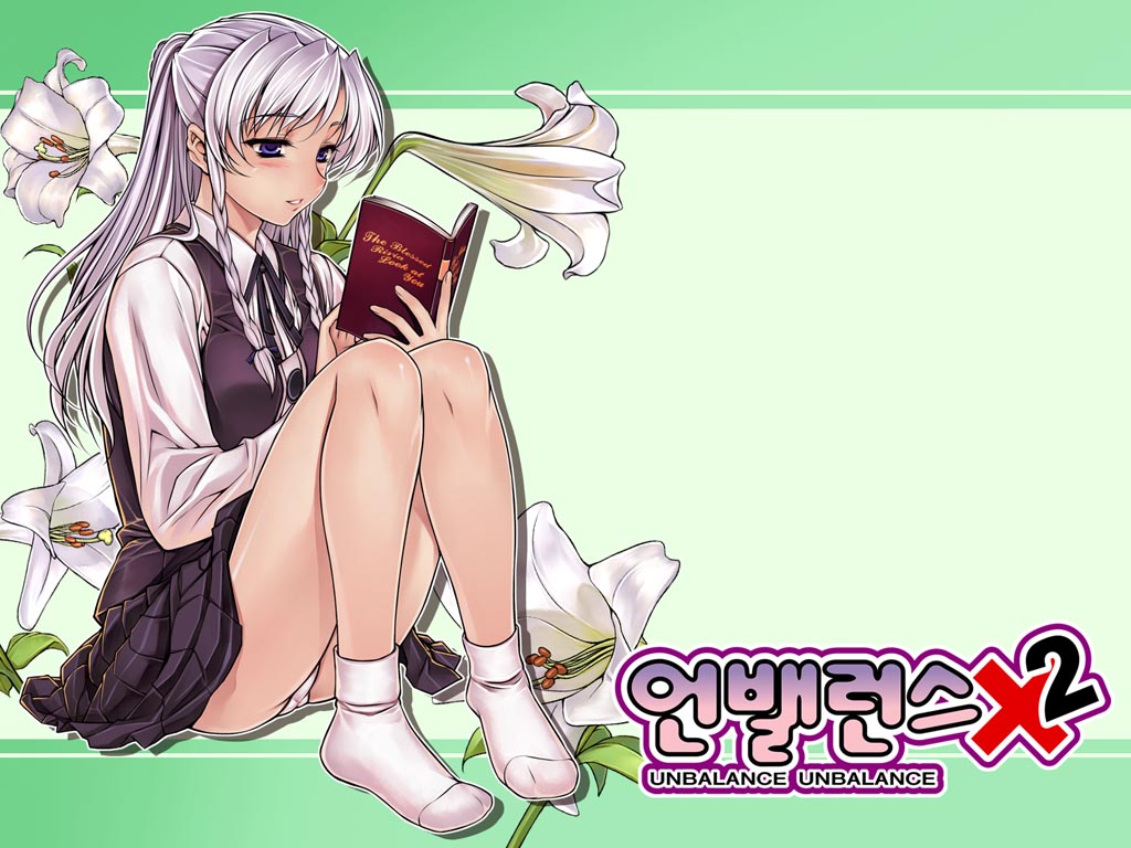 soo-hyon lee, eun ami, unbalance unbalance, unbalance x unbalance, silver hair, 1girl, blue eyes, blush, book, braid, female focus, flower, korean text, long hair, panties, pantyshot, school uniform, serafuku, sitting, skirt, socks, solo, twin braids, underwear, vest