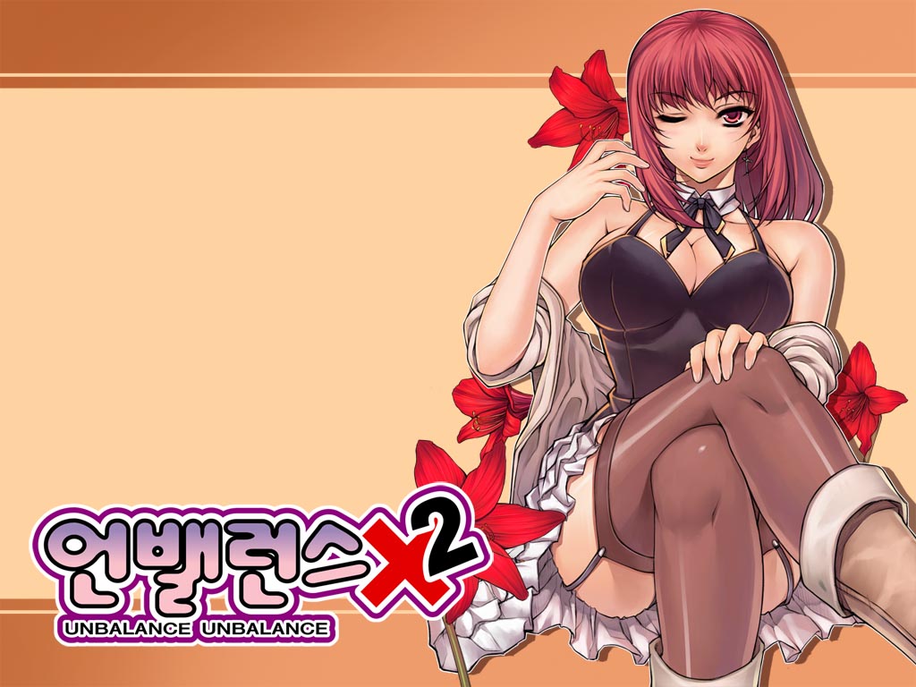 soo-hyon lee, park jae-kyung, unbalance unbalance, unbalance x unbalance, 1girl, amaryllis (flower), boots, breasts, cleavage, crossed legs, earrings, female focus, flower, huge breasts, jewelry, korean text, large breasts, off shoulder, one eye closed, pink eyes, pink hair, red eyes, red hair, short hair, sitting, smile, solo, thighhighs, wink