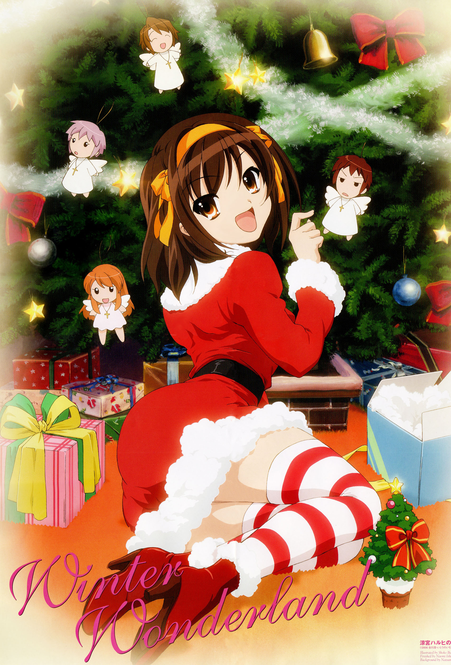 ikeda shouko, asahina mikuru, koizumi itsuki, kyon, nagato yuki, suzumiya haruhi, suzumiya haruhi no yuuutsu, striped legwear, absurdres, highres, 00s, 2boys, 3girls, brown hair, christmas, multiple boys, multiple girls, santa costume, short hair, striped clothes, striped thighhighs, thighhighs, thighs