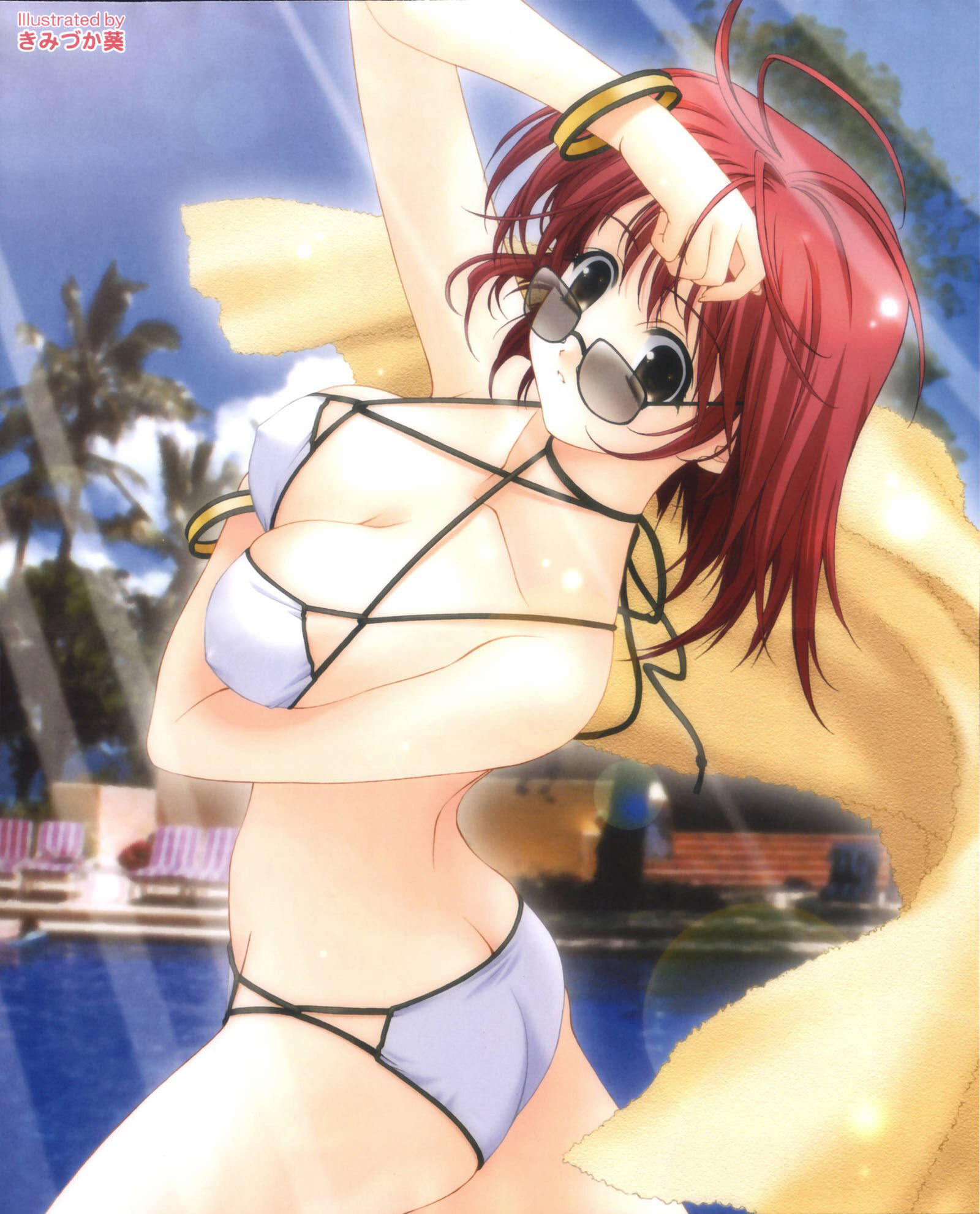 kimizuka aoi, corrupted metadata, highres, 1girl, antenna hair, arched back, bikini, bracelet, breasts, butt crack, cleavage, covered erect nipples, day, female focus, grey eyes, jewelry, large breasts, lens flare, outdoors, pool, poolside, red hair, short hair, sky, solo, sunglasses, swimsuit, towel, white bikini