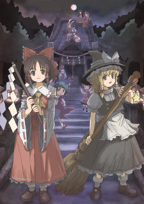 rudorufu, hakurei reimu, houraisan kaguya, inaba tewi, kamishirasawa keine, kirisame marisa, mystia lorelei, reisen udongein inaba, wriggle nightbug, yagokoro eirin, touhou, 6+girls, animal ears, antennae, black hair, blonde hair, blue hair, bow, braid, broom, cape, everyone, female focus, full moon, gohei, green eyes, green hair, hair bow, hat, house, moon, multiple girls, night, rabbit ears, red hair, rooftop, rope, shide, shimenawa, shrine, skirt, star (symbol), wings, witch hat, yellow eyes