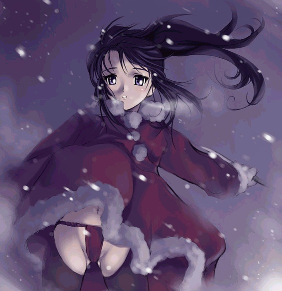 zundarepon, hashimine masei, danchi no ninja, md5 mismatch, 1girl, black hair, blue eyes, blush, christmas, coat, female focus, floating hair, fundoshi, fur trim, gloves, groin, holding, japanese clothes, knife, long hair, looking at viewer, midriff, navel, night, night sky, ninja, outdoors, parted lips, ponytail, santa costume, sidelocks, sky, snow, snowing, solo, standing, thighhighs, weapon, wind, wind lift
