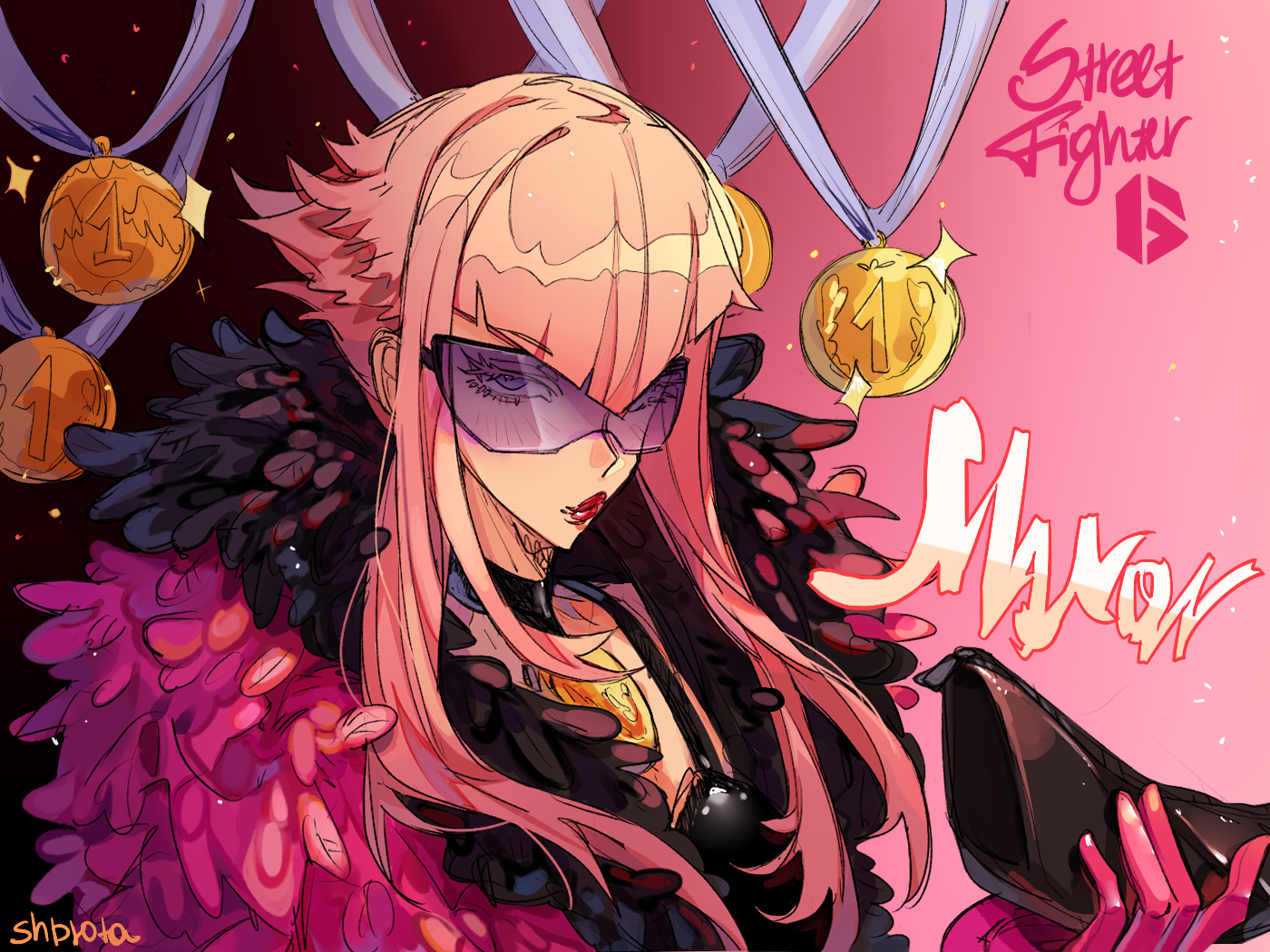 shpr0ta, manon legrand, street fighter, street fighter 6, commentary, english commentary, 1girl, artist name, blue eyes, chain, copyright name, gloves, medal, medallion, official alternate costume, pink gloves, pink hair, short hair with long locks, sidelocks, solo