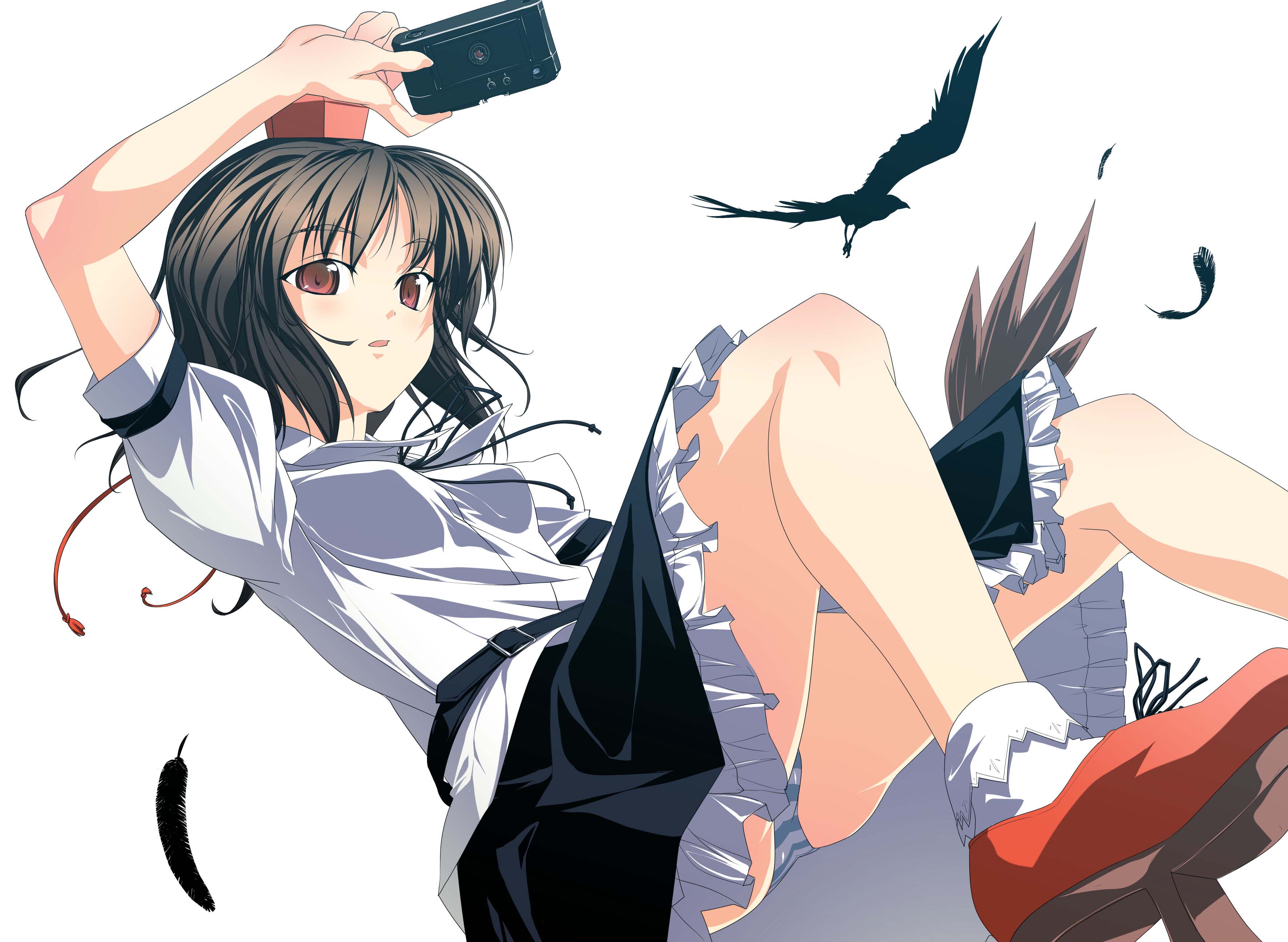rokuwata tomoe, shameimaru aya, touhou, absurdres, highres, jpeg artifacts, 1girl, female focus, geta, hat, looking at viewer, panties, pantyshot, smile, solo, striped clothes, striped panties, tengu-geta, tokin hat, underwear