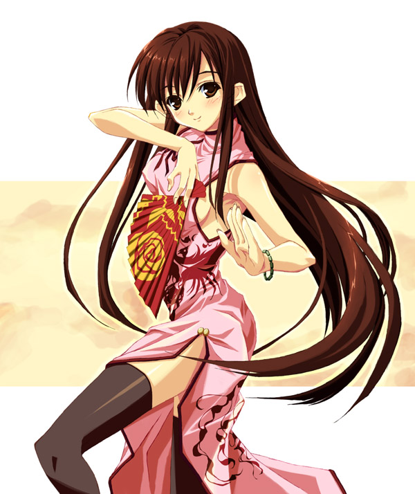 1girl, black thighhighs, china dress, chinese clothes, dress, female focus, folding fan, hand fan, holding, holding fan, long hair, solo, standing, swept bangs, thighhighs, very long hair