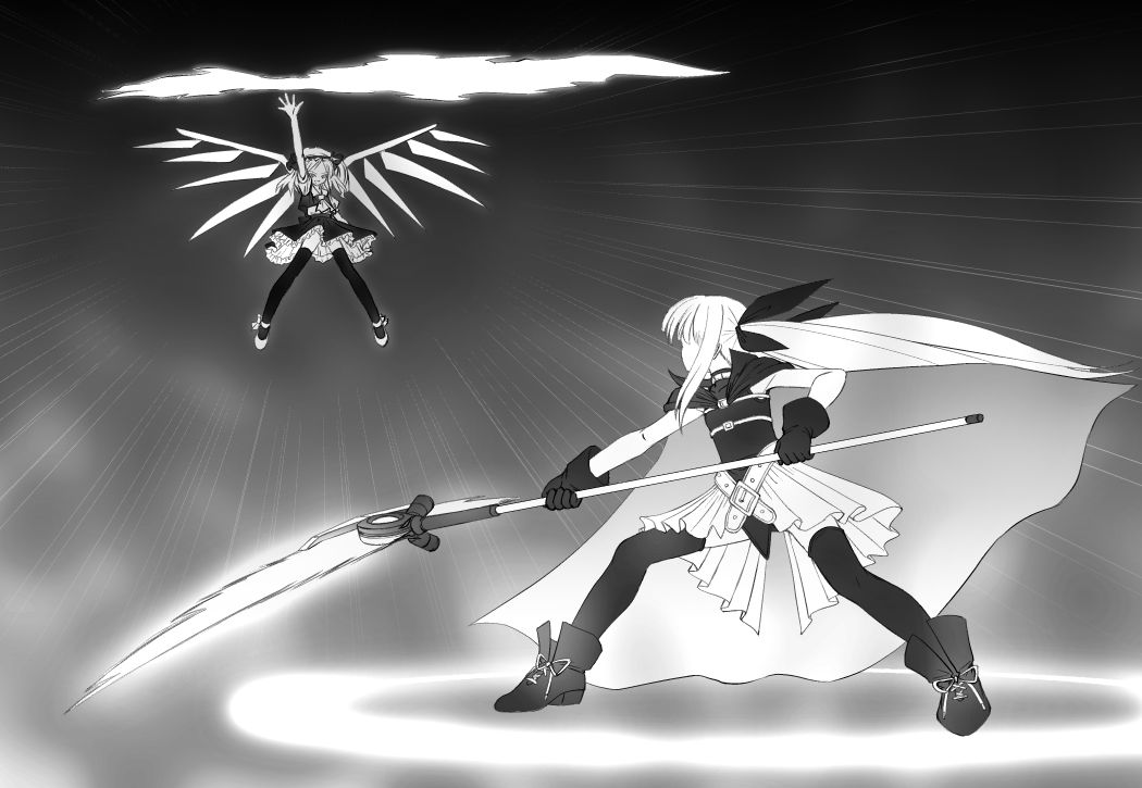 bardiche (nanoha), bardiche (scythe form) (nanoha), fate testarossa, fate testarossa (original form), flandre scarlet, lyrical nanoha, mahou shoujo lyrical nanoha, touhou, 00s, 2girls, crossover, greyscale, monochrome, multiple girls, thighhighs, wings