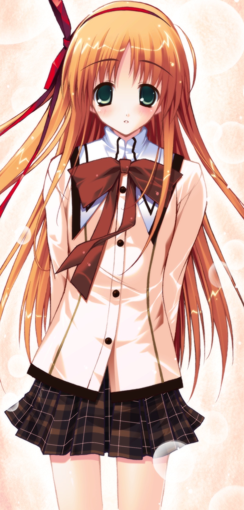 amane soh, highres, 1girl, female focus, green eyes, light particles, long hair, orange hair, school uniform, serafuku, solo