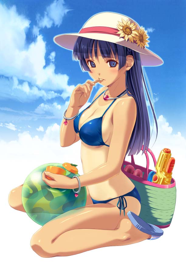 koutaro, original, jpeg artifacts, ball, beachball, bikini, bracelet, flower, food, hat, ice cream, jewelry, necklace, sandals, side-tie bikini bottom, sky, straw hat, sunflower, swimsuit, tan, tanline, water gun