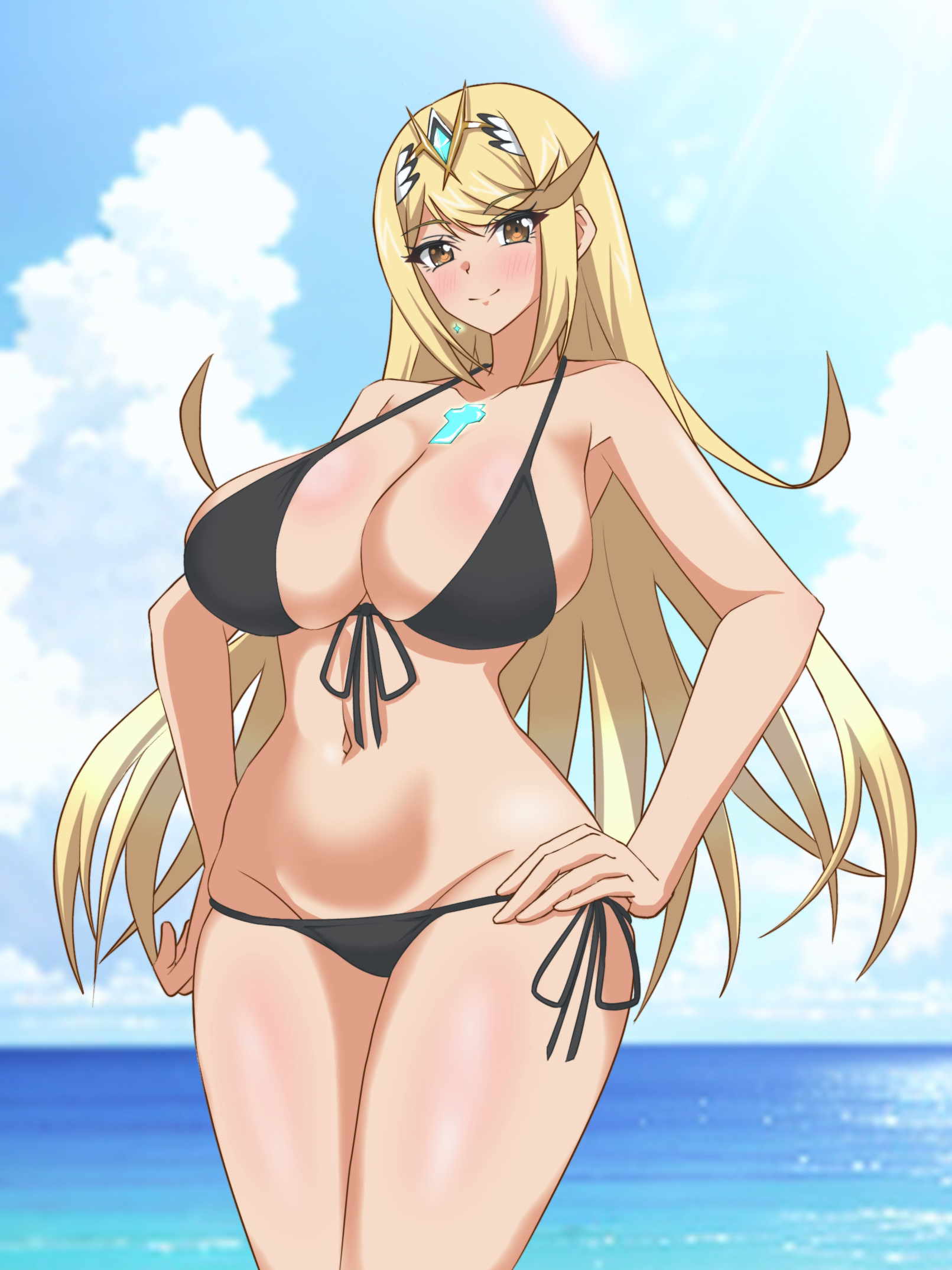 hata (pixiv10403940), mythra (xenoblade), xenoblade chronicles (series), xenoblade chronicles 2, highres, 1girl, beach, bikini, black bikini, blonde hair, blue sky, breasts, circlet, cleavage, closed mouth, cloud, cloudy sky, core crystal (xenoblade), earrings, hands on own hips, jewelry, large breasts, long hair, looking at viewer, outdoors, sky, smile, solo, string bikini, summer, swimsuit, very long hair, water, yellow eyes